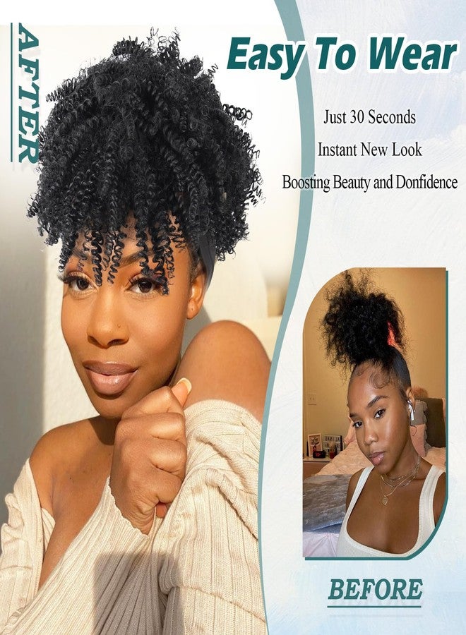 DEYNGS Headband Wig Afro Kinky Headband Wig with Bangs for Women Black Head Wrap 2 in 1 for Women Curly Full Scarf Wigs Synthetic Short Afro Kinky Afro High Puff Wig - Image 3